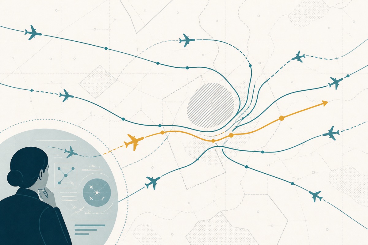 An amber aircraft route flowing through congested blue-green air traffic