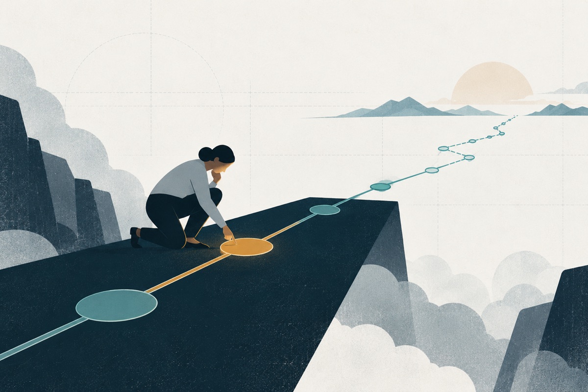 A person examines an amber connection on a solid path while a projected route extends ahead